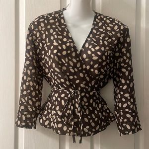 The Limited Brown and Cream long sleeve polka dot wrap around blouse size medium